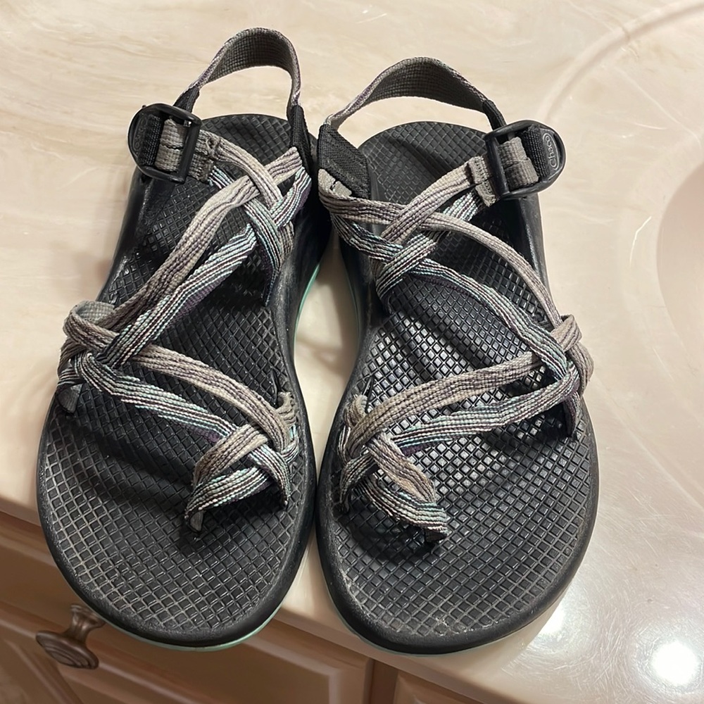 CHACOS: size 8 womens- black, teal, purple- double strap with toe strap